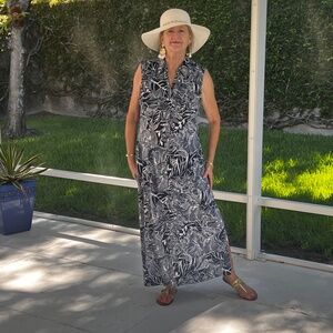 Talbots Button Front Navy & White Floral Maxi Dress Sleeveless V Neck Size XL